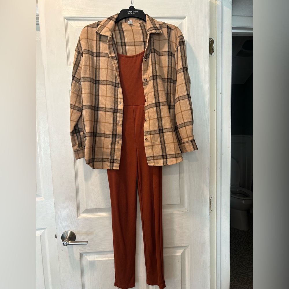 Kids 2 piece Rust Jumpsuit with flannel long sleeve button down shirt